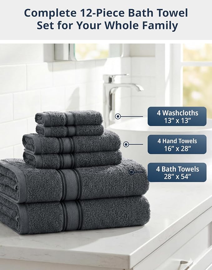 LANE LINEN Towel and Washcloths Set of 12 – 100% Cotton, Zero Twist, 4 Large - Image 4