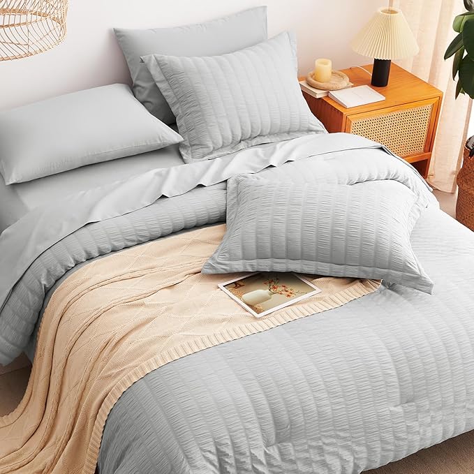 CozyLux Queen Comforter Set Light Grey Seersucker 7 Pieces Bed in a Bag Queen - Image 6