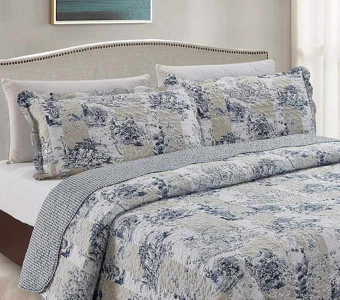 Brilliant Sunshine Blue Toile in Beige and Ivory Patches, 3-Piece Quilt Set - Image 3
