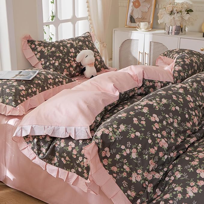 mixinni Vintage Floral Duvet Cover Set Twin Size – 100% Cotton Ruffle Lace - Image 2