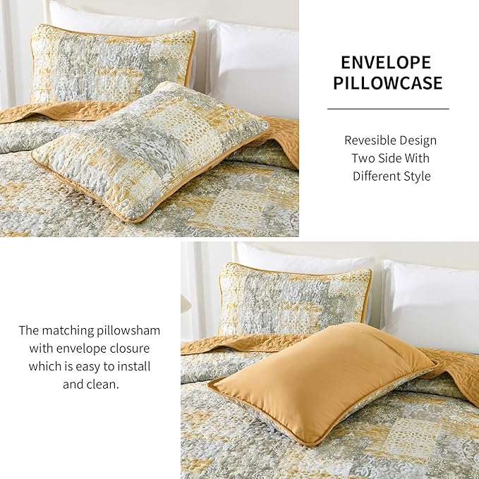 Mybedsoul Yellow Boho Quilt Set King Size 3 Pieces Grey and Yellow Plaid Floral - Image 6