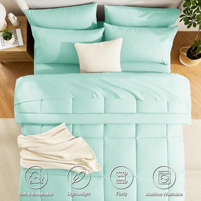 CozyLux Full Size Comforter Sets Mint Green, 7 Pieces Bed in a Bag, All Season - Image 2