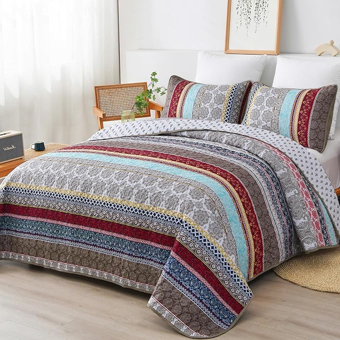 WONGS BEDDING Boho Quilt Set Queen Size, Lightweight Microfiber Bedspread by WONGSBEDDING
