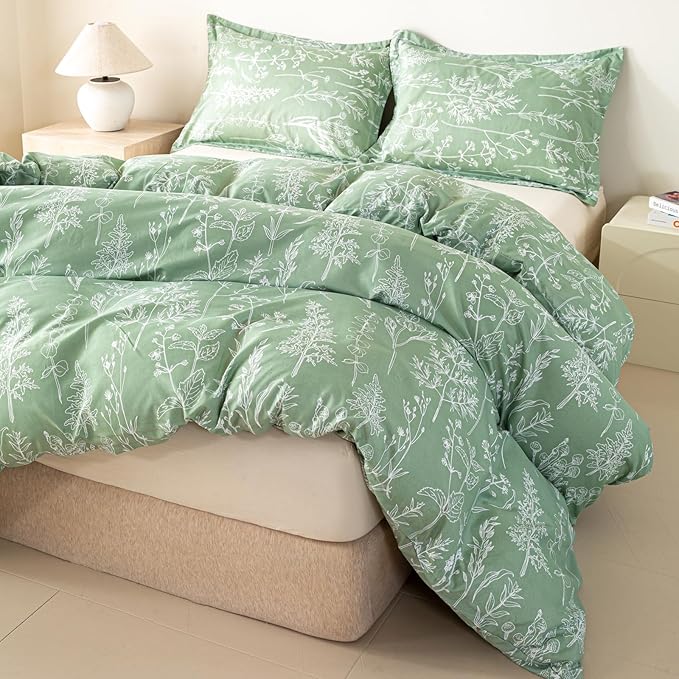 OAITE Green Duvet Cover Queen Size 3 Pieces Prewashed Cotton-Like Polyester - Image 2