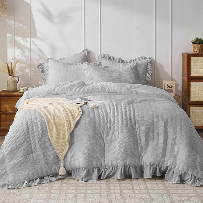 JOLLYVOGUE Light Grey Queen Comforter Set, 3 Pieces Seersucker Comforters Queen by JOLLYVOGUE