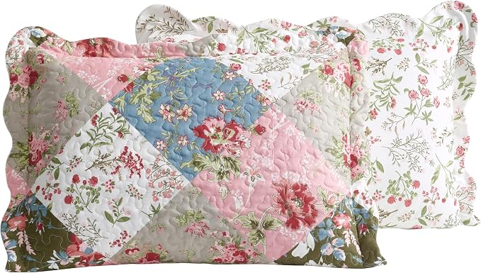 Brilliant Sunshine Peach and Olive Flowers Patchwork, 3-Piece Quilt Set - Image 6