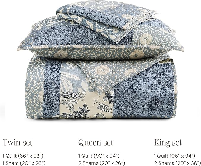 BLOOMHAVEN Quilt Set Queen Size, Patchwork Blue Floral Quilt Sets, Reversible - Image 8