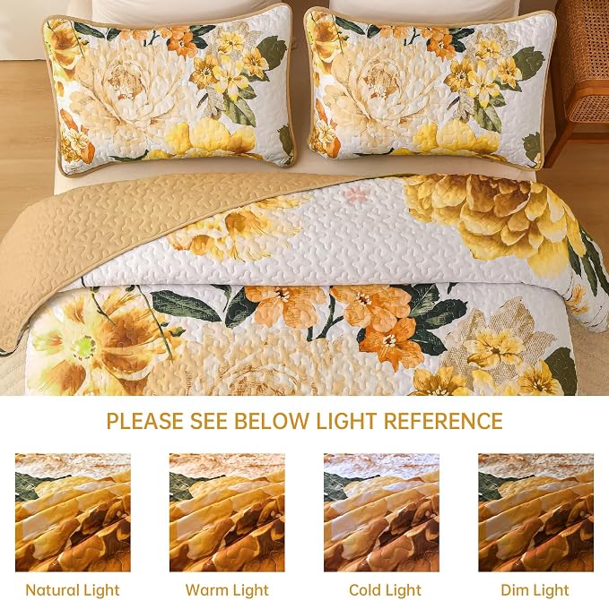 WONGS BEDDING Yellow Floral Quilt Set King, 3 Pieces Reversible Lightweight - Image 8