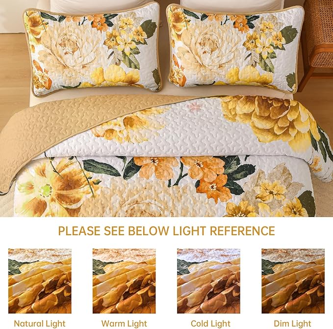 WONGS BEDDING Floral Quilt Set Yellow Queen, Quilted Printed Lightweight - Image 8