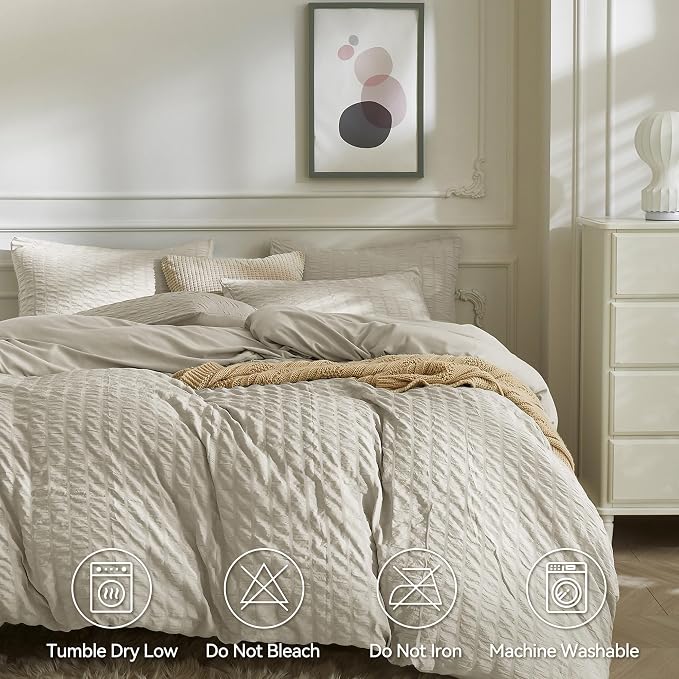 JELLYMONI Beige Duvet Cover Queen Size, Soft Breathable Seersucker Duvet Cover - Image 5