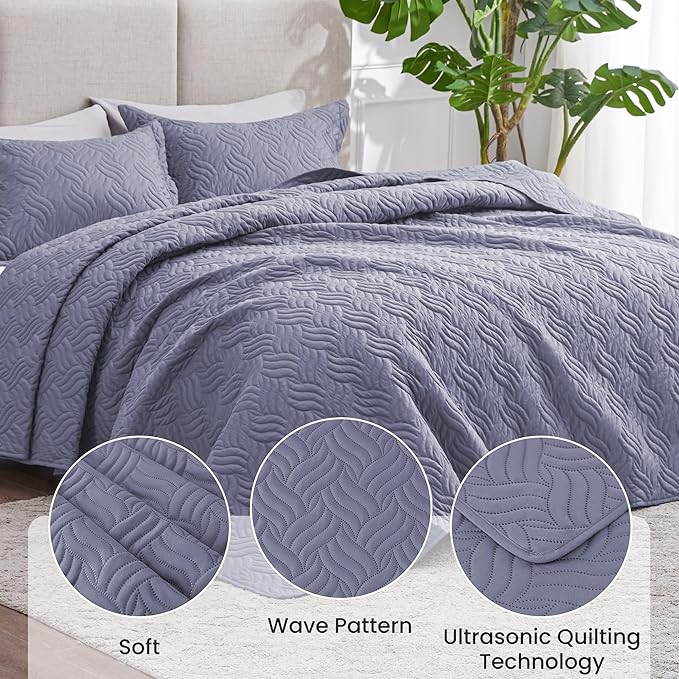 Love's cabin King Size Quilt Bedding Set Bluish Grey Bedspreads - Image 4