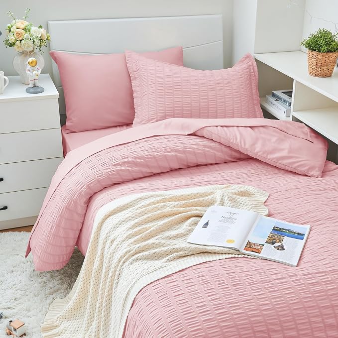 HYMOKEGE Pink Twin XL Comforter Set Seersucker 5 Pieces, All Season Luxury Bed - Image 2