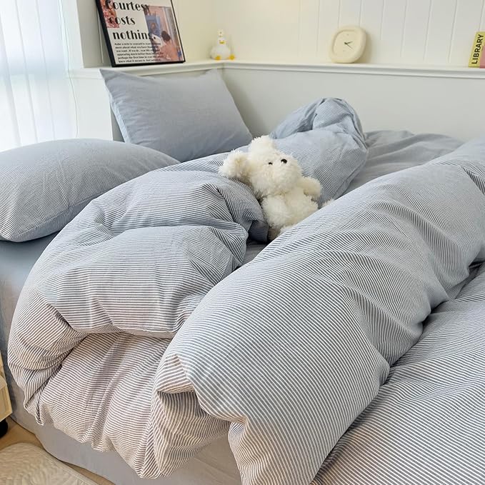 mixinni Striped Duvet Cover Set- 100% Washed Cotton Blue Comforter Cover by mixinni