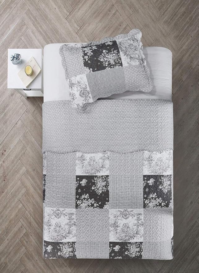 Brilliant Sunshine Grey Toile Floral Patchwork, 2-Piece Quilt Set - Image 7