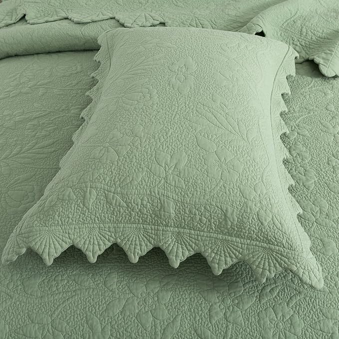 Brandream Premium Sage Green Cotton Quilt Set Queen Size Floral Vine Stitching - Image 6