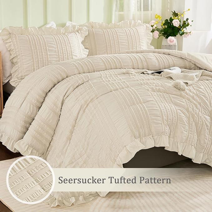 WONGS BEDDING Beige Textured Comforter Set King, 3 Pieces Ruffle Farmhouse - Image 5