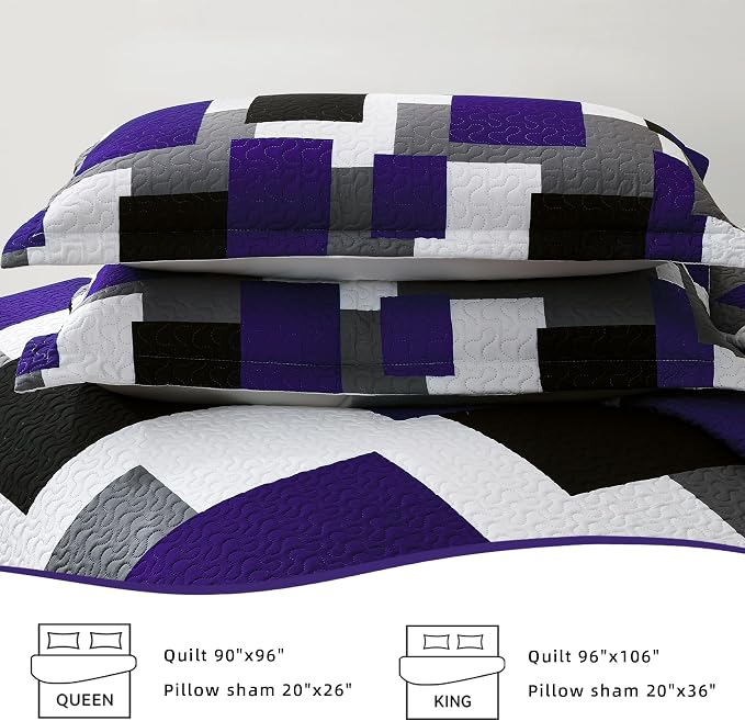 Tyrot 3 Piece Dark Purple Grey Quilt Set King Size Black White Geometric - Image 7