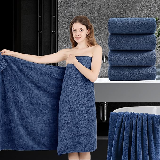 4 Piece Extra Large Bath Towel 35"x70" Oversized Bath Sheet Navy Blue Bath by JessyHome