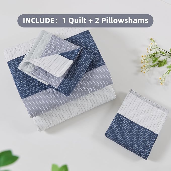Andency Queen Quilt Bedding Set Mineral Blue, 3 Pieces Patchwork Summer Striped - Image 8