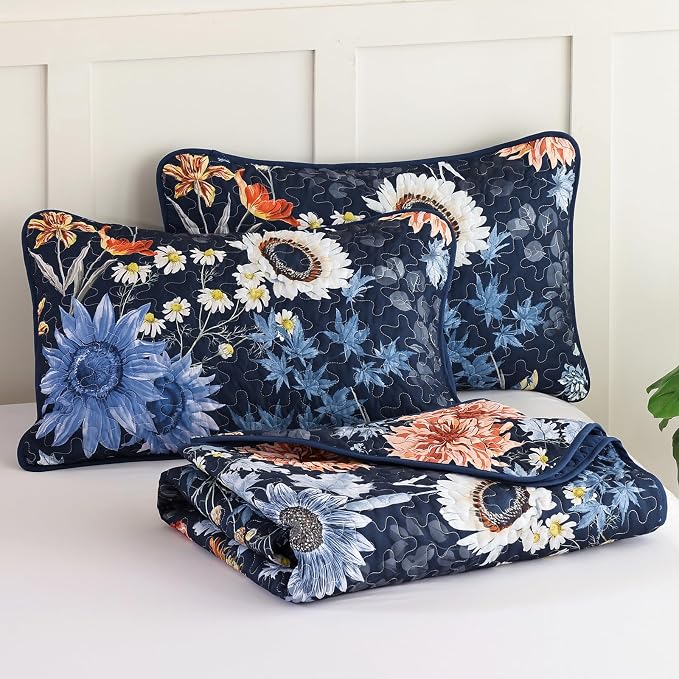 Yiran Navy Blue Sunflower Floral Quilts Queen Size, Botanical Fall Bedspread - Image 8