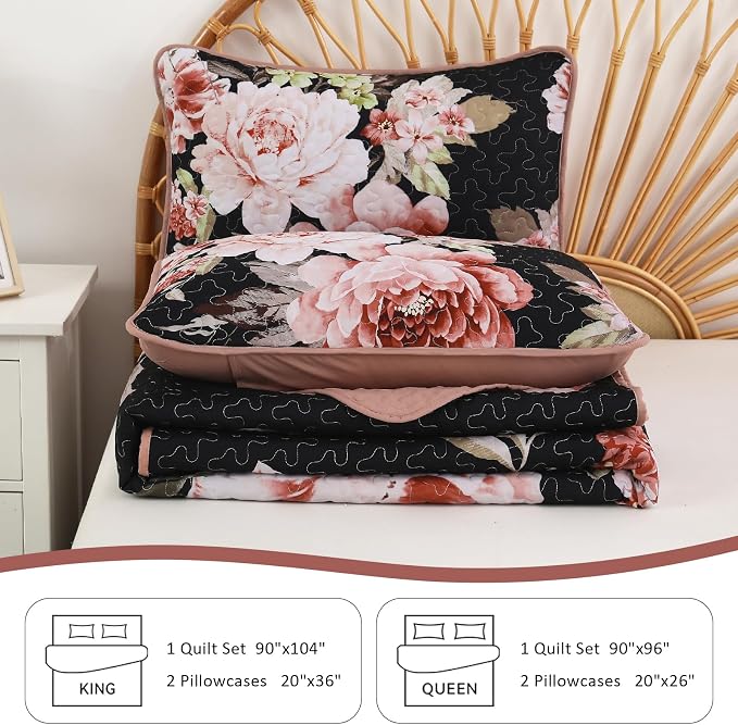 WONGS BEDDING Black Quilt Set King, Elegant Botanical Printed Bedspreads 3 - Image 7