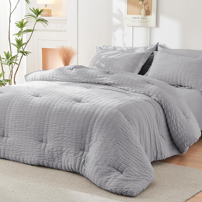 HYMOKEGE Light Grey Full Size Comforter Sets Seersucker 7 Pieces, All Season - Image 8