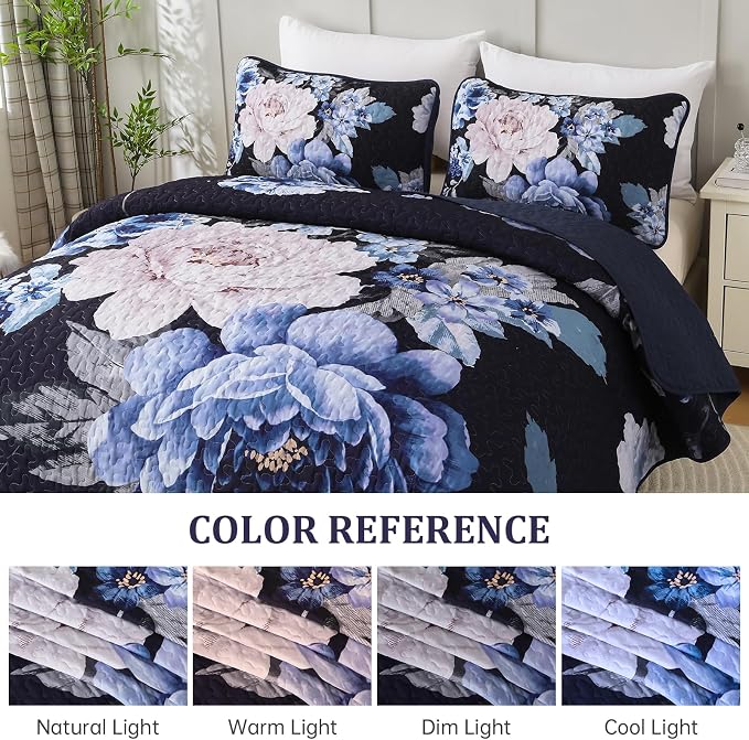 WONGS BEDDING Navy Boho Floral Quilt Set Queen, Elegant Blue Flower Bedspread - Image 7