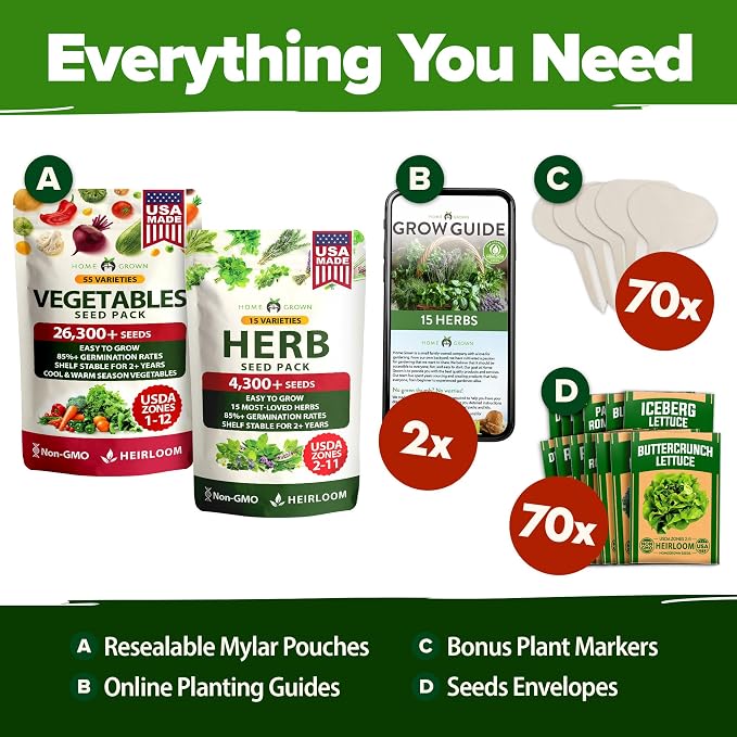 HOME GROWN 70 Variety Vegetable & Herb Seeds 32, 000+ USA Non-GMO Heirloom - Image 8