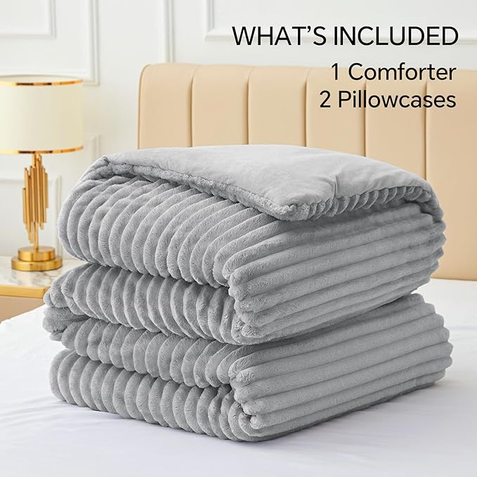 BEDELITE Fleece King Comforter Set -Super Soft & Warm Fluffy Light Grey Bedding - Image 6