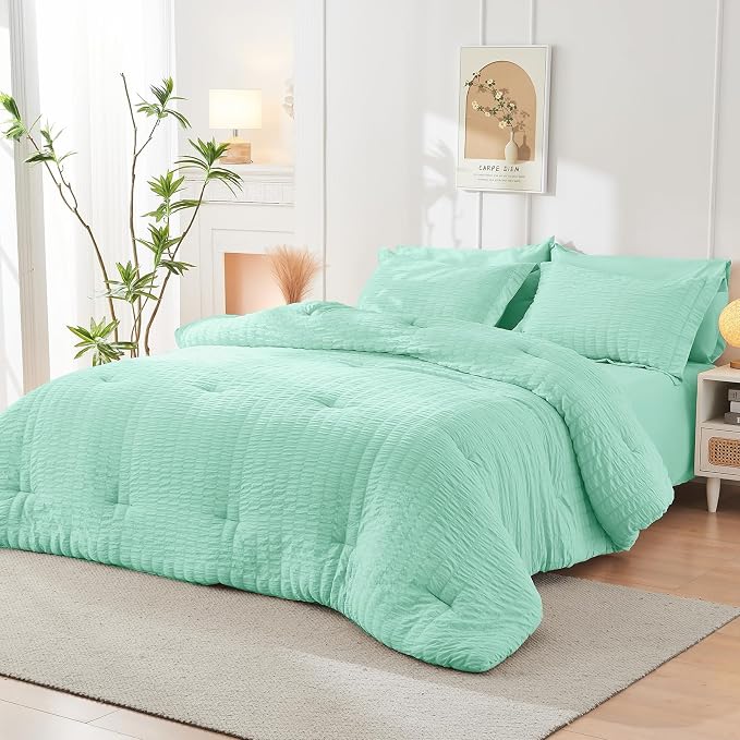 HYMOKEGE Mint Green California King Comforter Set Seersucker 7 Pieces, All - Image 8