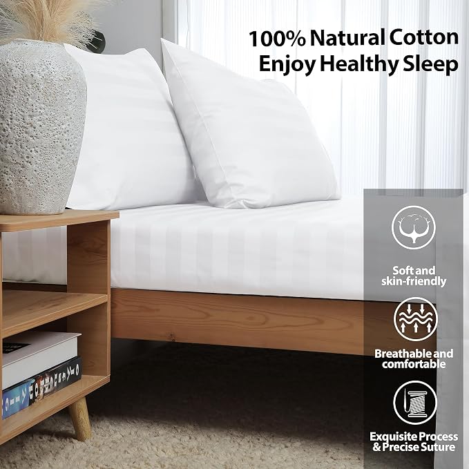 King Size Striped Fitted Sheet Only White Color, 100% Egyptian Cotton 600 - Image 3