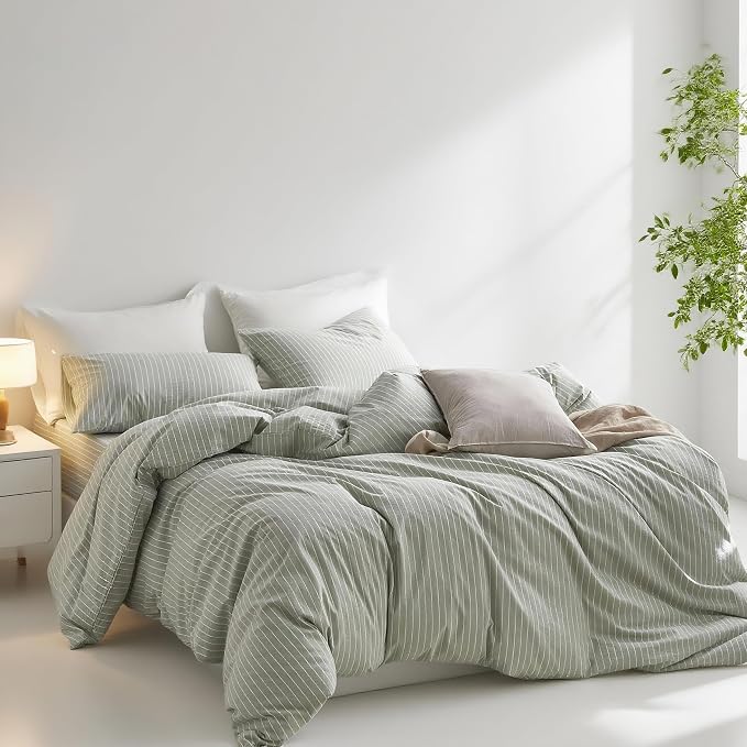 Nayoroom Green Striped Duvet Cover Queen Size 100% Washed Cotton White - Image 3
