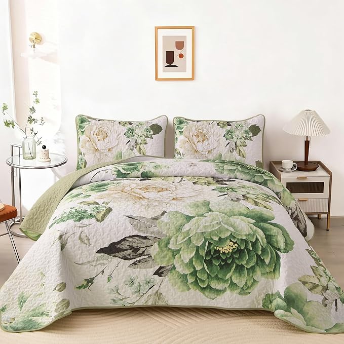 WONGS BEDDING Floral Quilt Set Green Queen, Quilted Printed Lightweight by WONGSBEDDING