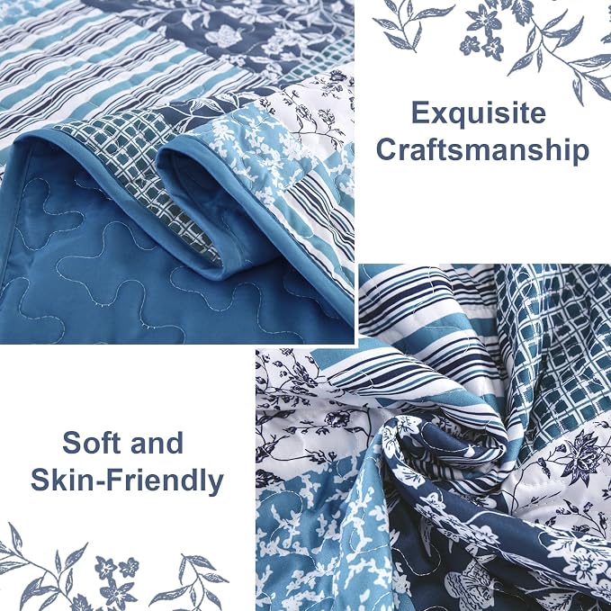 Mybedsoul Navy Blue Quilt Set Queen Size, 3 Pieces Plaid Floral Bedspread Set - Image 5