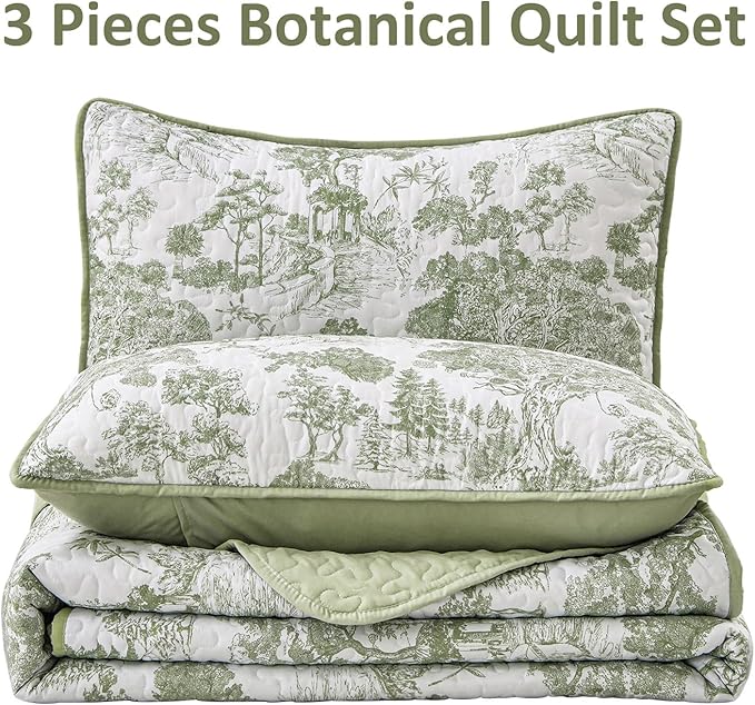 WONGS BEDDING Botanical Quilt Set California King Size, Sage Green 3 Pieces - Image 7