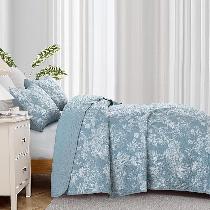 WONGS BEDDING Botanical Quilt Set Queen Size, Aqua 3 Pieces Toile Floral Plants - Image 3