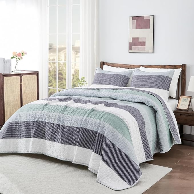 Andency Oversized King Quilt Bedding Set, 120x98Inch Sage Green Stripe - Image 6