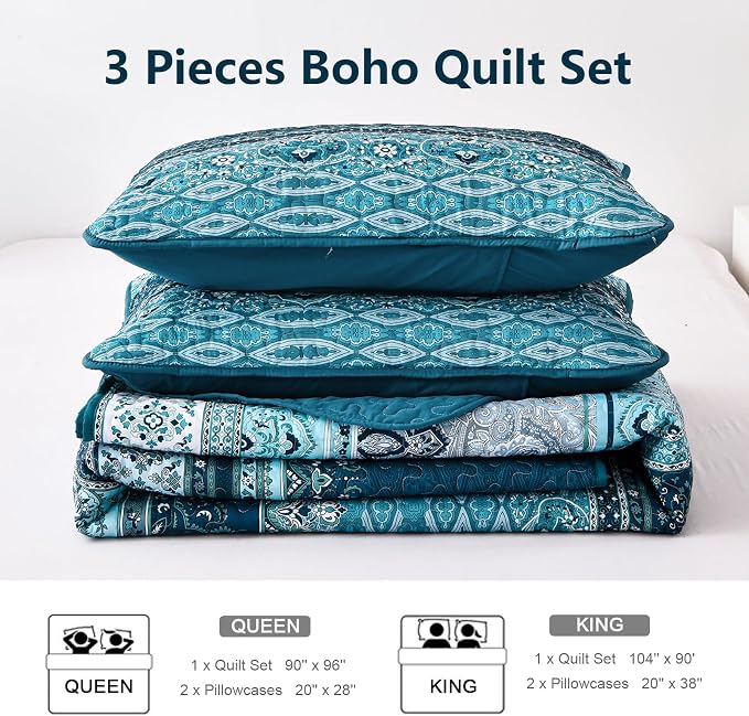 WONGS BEDDING Boho King Quilt Set, Lightweight Microfiber Bed Decor Bedspread - Image 7