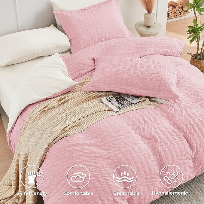 HYMOKEGE Pink/Ivory Queen Comforter Set Seersucker 7 Pieces, All Season Luxury - Image 3