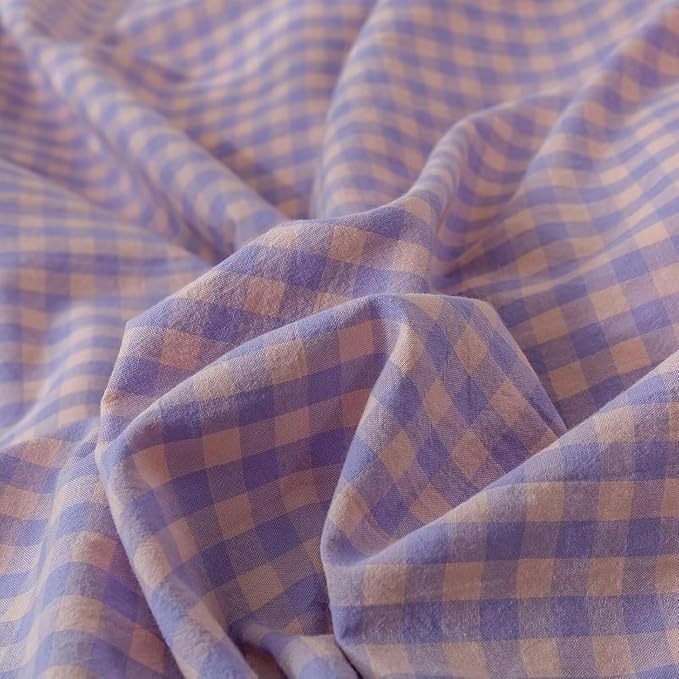 mixinni Purple Gingham Grid Duvet Cover Full, 100% Washed Cotton Modern - Image 5