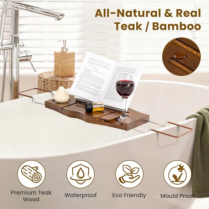 Teak Bathtub Tray Expandable Bathroom Tray - Image 4