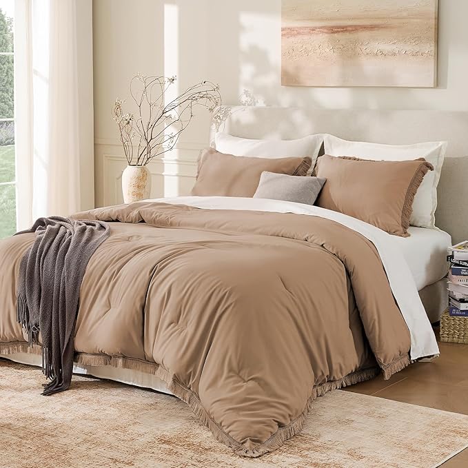 Andency Taupe Comforter Set California King, 3 Pieces Boho Tassel Lightweight by Andency