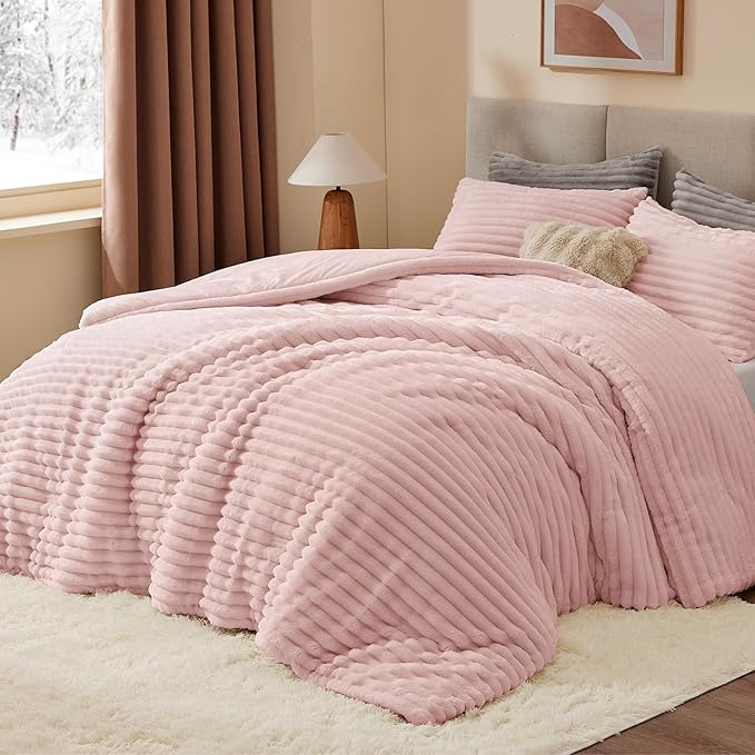 BEDELITE Fleece California King Comforter Set -Super Soft & Warm Fluffy Pink - Image 2