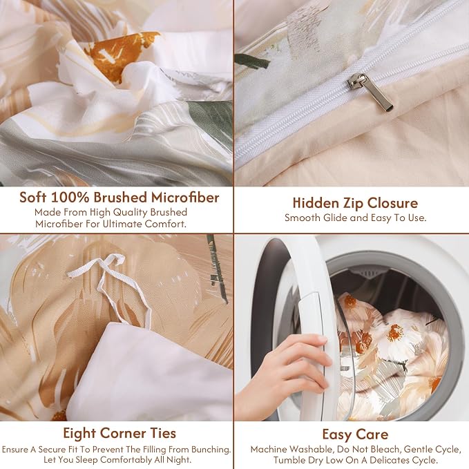 LONAVA King Flower 3 Pcs Duvet Cover Set, Breathable Soft Microfiber Biege - Image 7