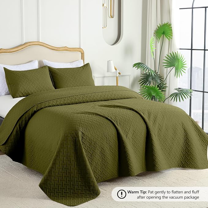 FLYMME Twin Quilt Set, Lightweight Olive Green Bedspreads, Basket Weave Pattern - Image 2