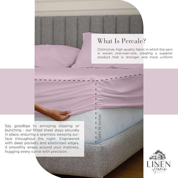 Linen Home 100% Cotton Percale Sheets Queen Size, Mauve Lavender, Deep Pocket - Image 4