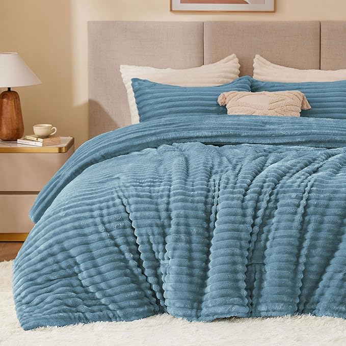 BEDELITE Fleece King Comforter Set -Super Soft & Warm Fluffy Blue Fog Bedding by BEDELITE