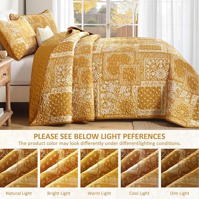 Cottolester Boho Quilt Set King Size, 3 Pieces Yellow Patchwork Paisley Quilt - Image 5