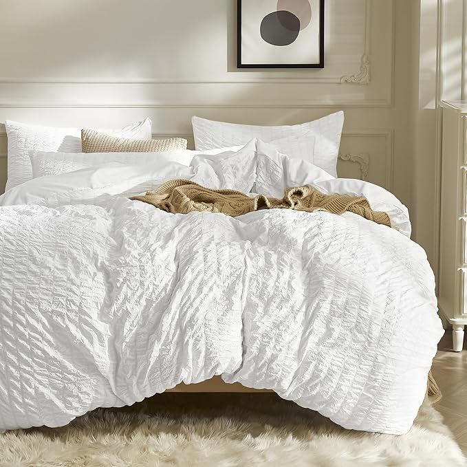JELLYMONI Bright White Duvet Cover King Size, Soft Breathable Seersucker Duvet by JELLYMONI