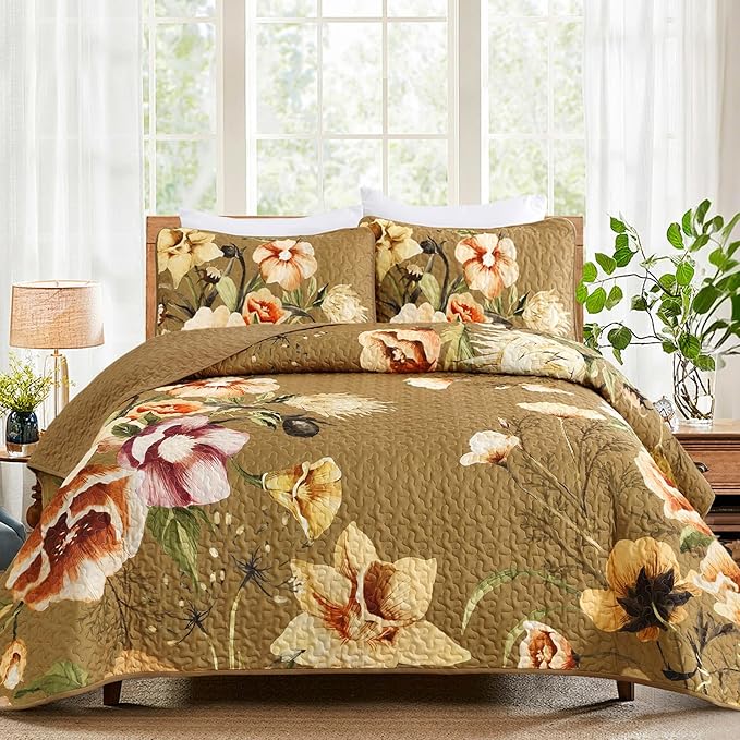 Drucon Brown Floral Quilt Set King Size 3 Pieces Brown Botanical Flower Quilt by DRUCON